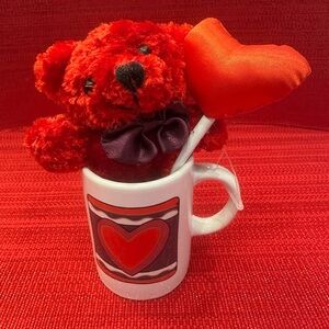 Cute Mini Stuffed Red Bear Holding A Red Satin Heart Lollipop